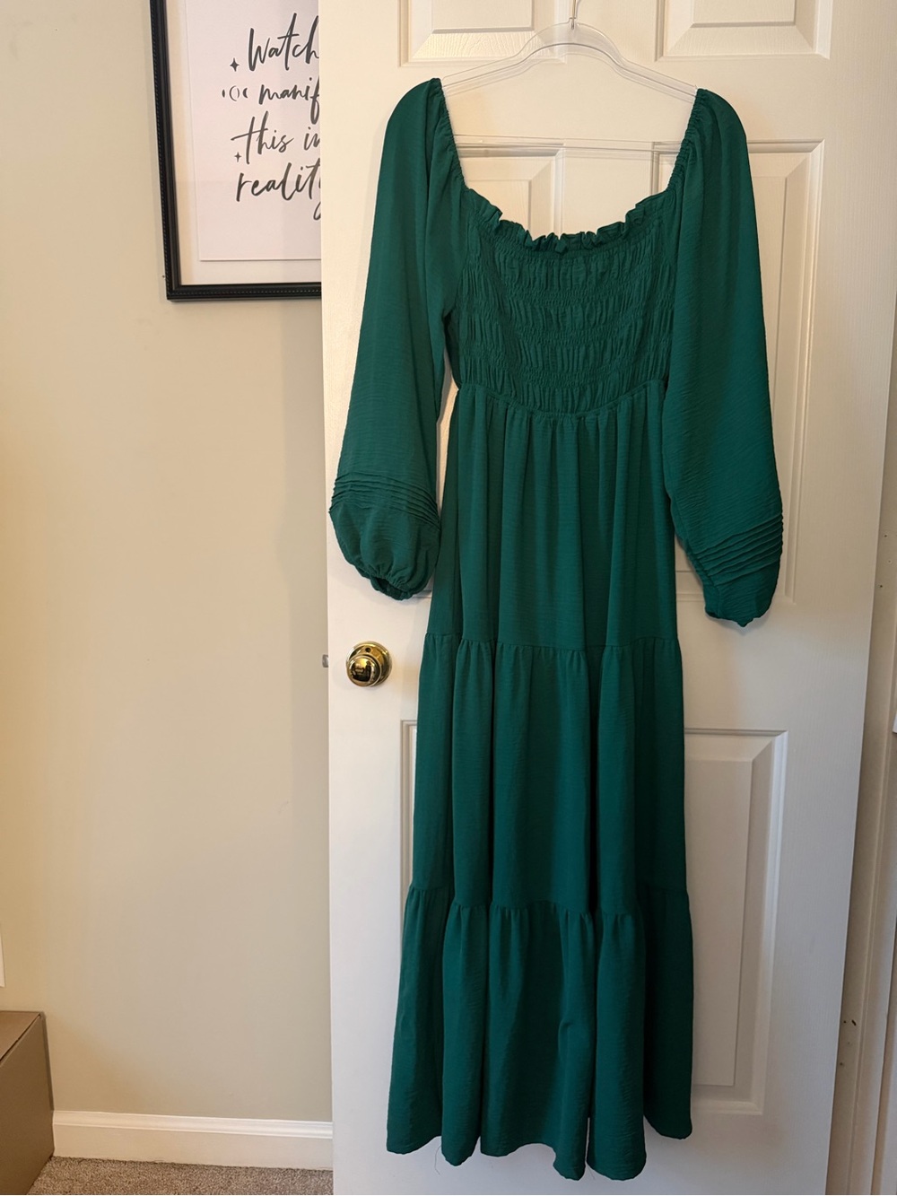 She & Sky Smocked Long Sleeve Maxi Dress - Emerald Green